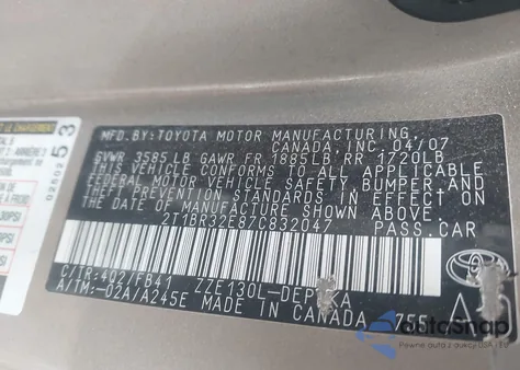 2007 Toyota Corolla Le из США, поврежденный, VIN 2T1BR32E87C832047